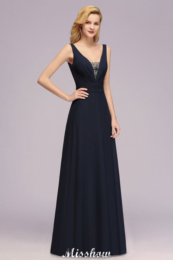 Vestido de dama de honor de corte A con escote en V profundo y pedrería. Vestido largo hasta el suelo para la dama de honor.