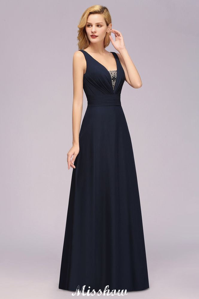 Vestido de dama de honor de corte A con escote en V profundo y pedrería. Vestido largo hasta el suelo para la dama de honor.