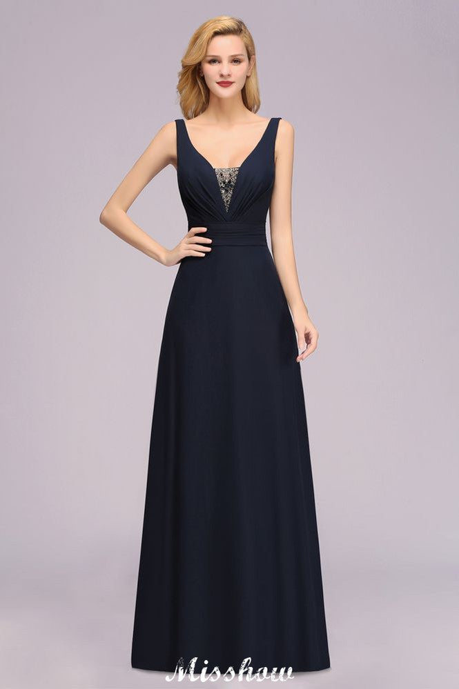 Vestido de dama de honor de corte A con escote en V profundo y pedrería. Vestido largo hasta el suelo para la dama de honor.
