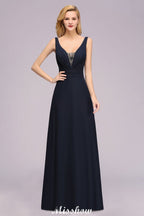 Vestido de dama de honor de corte A con escote en V profundo y pedrería. Vestido largo hasta el suelo para la dama de honor.