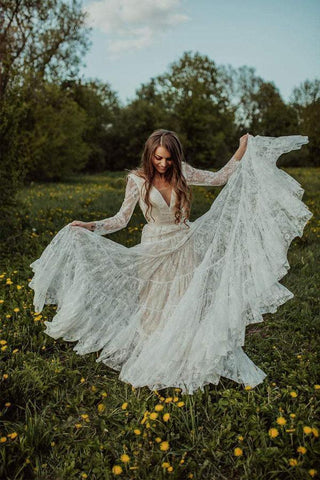 Robe de mariée bohème à décolleté plongeant et manches longues, style rustique WD373