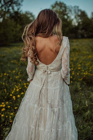 Robe de mariée bohème à décolleté plongeant et manches longues, style rustique WD373