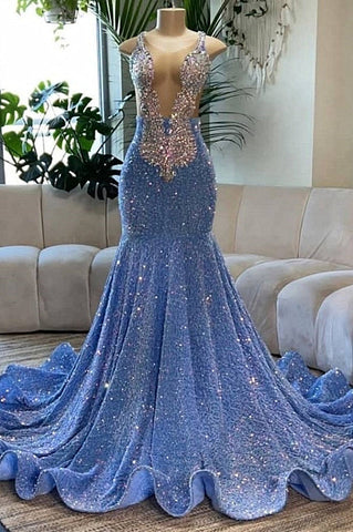 Vestido de fiesta de sirena con escote en V profundo, lentejuelas y espalda descubierta