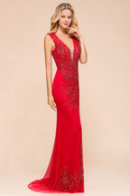 Deep V-Neck Sleeveless Lace Appliques Evening Maxi Dress A-line Chiffon Prom Dress