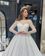 Deluxe Floor Length Long Sleeves A-Line Lace Wedding Dress with Ruffles