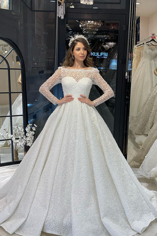 Vestido de novia de encaje de corte A, largo hasta el suelo, de lujo, con mangas largas y volantes.