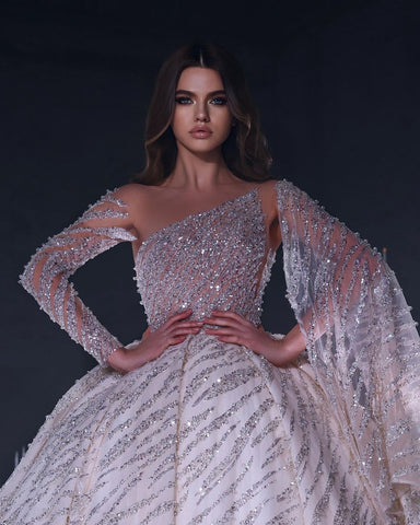 Vestido de novia de lujo largo hasta el suelo, de un solo hombro, corte en A, con lentejuelas y volantes