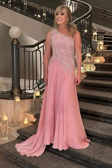 Vestido de dama de honor rosa de corte A, de gasa, con un solo hombro y sin mangas, para la madre de la novia, con apliques.