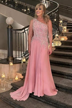 Vestido de dama de honor rosa de corte A, de gasa, con un solo hombro y sin mangas, para la madre de la novia, con apliques.
