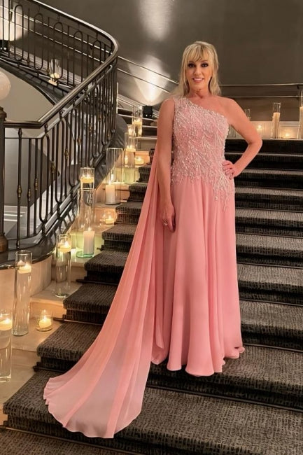 Vestido de dama de honor rosa de corte A, de gasa, con un solo hombro y sin mangas, para la madre de la novia, con apliques.