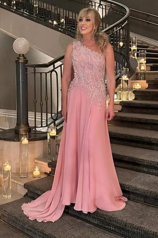 Designer A-Line Chiffon Mother of The Bride Dress One Shoulder Sleeveless Pink Bridesmaid Dress With Appliques