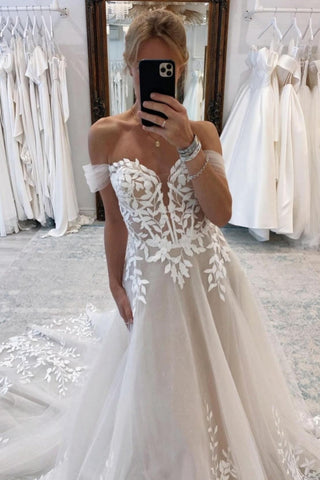 Elegante vestido de novia largo de corte A con hombros descubiertos, escote en V y apliques