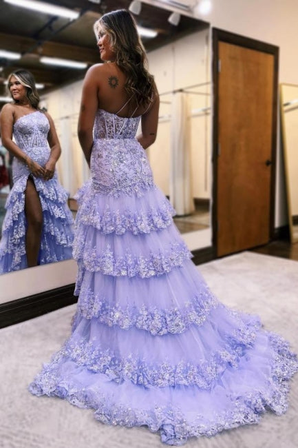 Impresionante vestido de fiesta columna de satén sin mangas con abertura y volantes