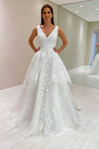 Designer A-Line Lace V-Neck Sleeveless White Wedding Dress With Appliques