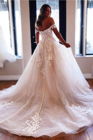 Designer A-Line Off-the-shoulder V-neck Wedding Dresses With Lace