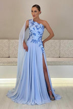 Vestido de dama de honor de gasa corte A de diseñador, estilo maoísta, con un solo hombro y sin mangas, con apliques y abertura.