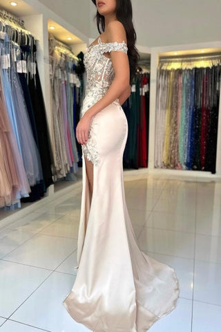 Designer Column Lace Off-The-Shoulder Sleeveless Prom Dress With Split Front