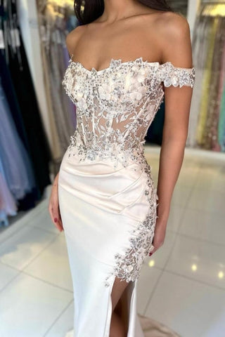 Designer Column Lace Off-The-Shoulder Sleeveless Prom Dress With Split Front