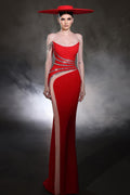 Robe de bal rouge asymétrique en tulle et satin, sans manches, avec perles