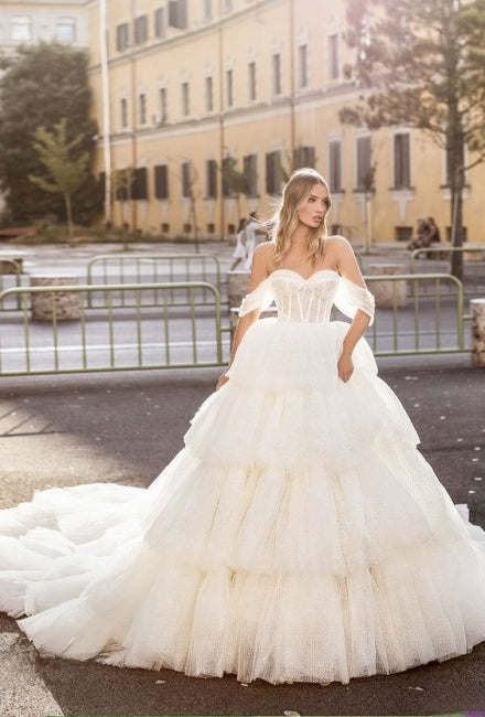 Designer Long A-line Off-the-shoulder Wedding Dresses With Lace