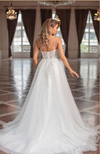 Vestidos de novia largos de diseñador, corte en A, escote en V, tul sin mangas con encaje