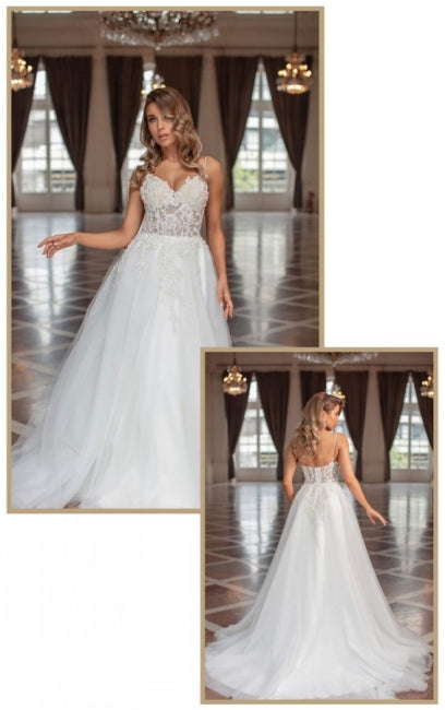 Vestidos de novia largos de diseñador, corte en A, escote en V, tul sin mangas con encaje