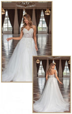 Vestidos de novia largos de diseñador, corte en A, escote en V, tul sin mangas con encaje