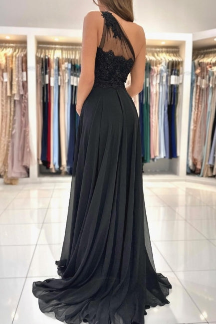 Robes de soirée longues noires de créateur, robes de bal asymétriques en dentelle avec fente
