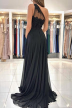 Robes de soirée longues noires de créateur, robes de bal asymétriques en dentelle avec fente