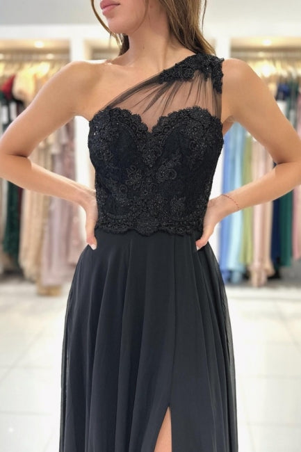 Robes de soirée longues noires de créateur, robes de bal asymétriques en dentelle avec fente