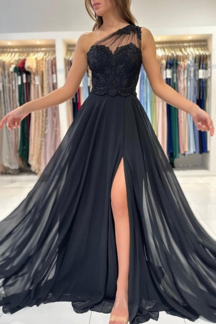 Robes de soirée longues noires de créateur, robes de bal asymétriques en dentelle avec fente