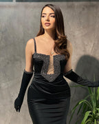 Vestido de fiesta de sirena sin mangas, negro, con tirantes finos y cuentas, de diseñador