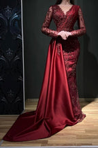 Vestidos de noche de sirena de diseñador, largos, color burdeos, con encaje, pedrería y mangas largas