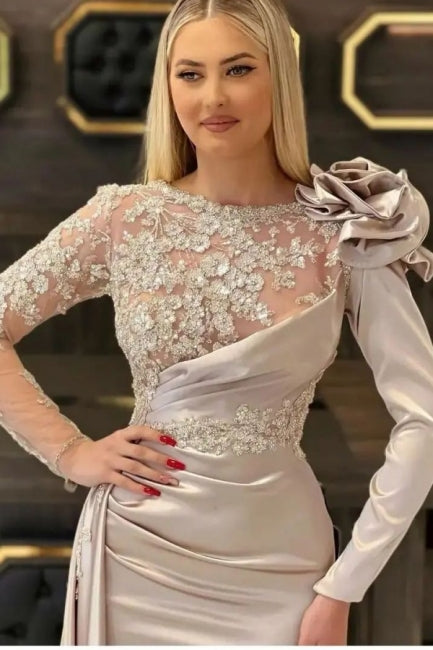 Vestidos de noche largos de sirena de encaje color champán de diseñador con mangas largas