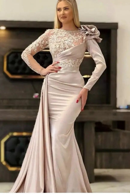 Vestidos de noche largos de sirena de encaje color champán de diseñador con mangas largas