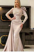 Vestidos de noche largos de sirena de encaje color champán de diseñador con mangas largas