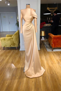 Vestido de fiesta largo de sirena color champán de satén con mangas largas, de diseñador