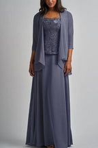 Vestido largo de gasa y encaje de diseñador para la madre de la novia con chaqueta