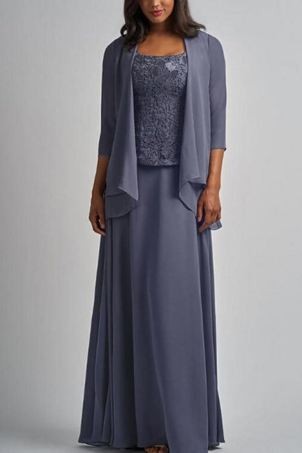 Vestido largo de gasa y encaje de diseñador para la madre de la novia con chaqueta