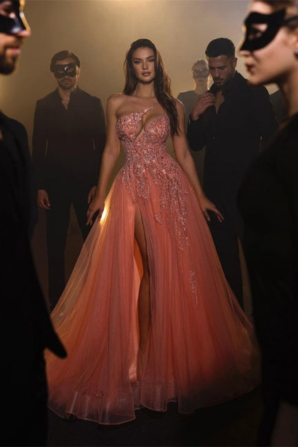 Designer Long Coral A-line One Shoulder Beading Sleeveless Evening Dresses With Slit