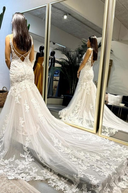 Vestidos de novia largos de sirena sin mangas con apliques y encaje, de diseñador.
