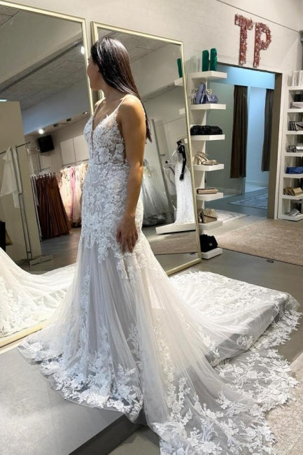 Vestidos de novia largos de sirena sin mangas con apliques y encaje, de diseñador.