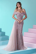 Robe de bal longue sirène à épaules dénudées en dentelle et tulle perlé