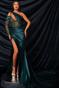 Vestido de fiesta largo de sirena de diseñador, con un solo hombro, manga larga, encaje y abertura.