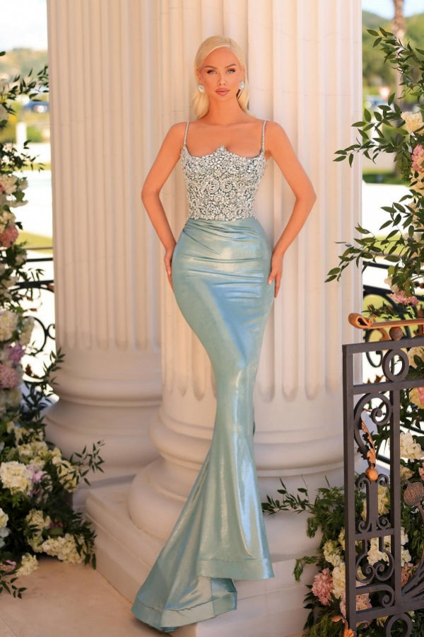 Vestido de fiesta largo de sirena de encaje con tirantes finos y purpurina, de diseñador.