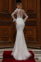 Robes de mariée sirène longues en dentelle à col en V et manches longues, signées de créateurs