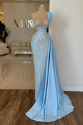 Robe de bal longue bleu ciel asymétrique à paillettes et dentelle