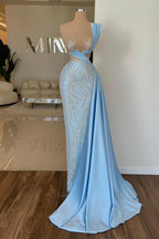 Robe de bal longue bleu ciel asymétrique à paillettes et dentelle