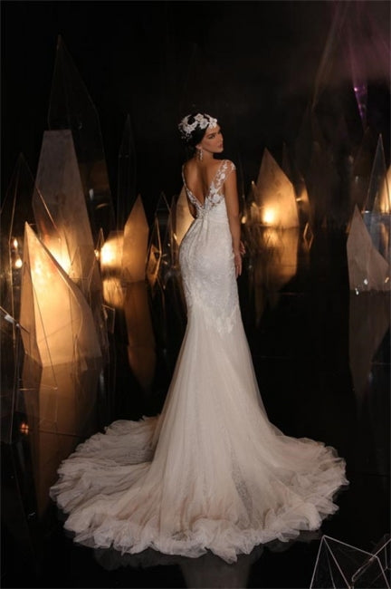 Designer Long V-neck Mermaid Lace Appliques Sleeveless Wedding Dresses