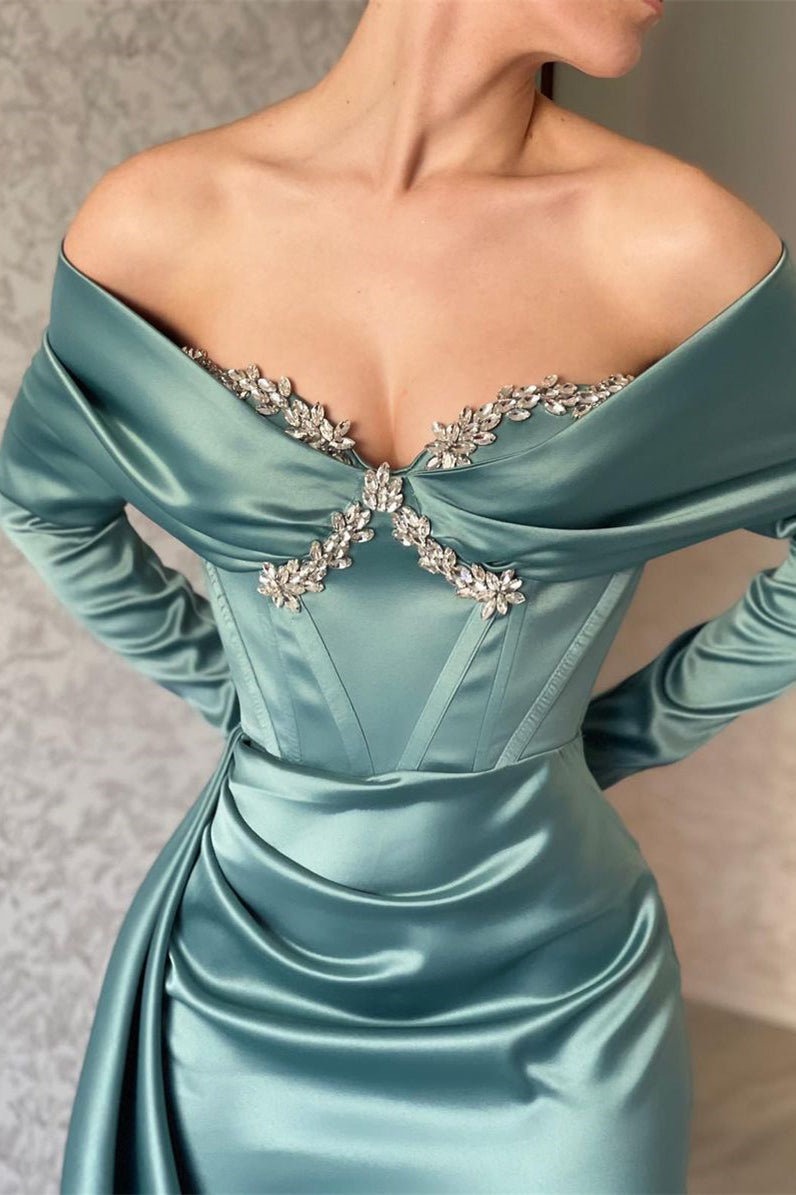 Designer Off-the-shoulder Long Sleeves Glitter Mermaid Prom Dress With Glitter